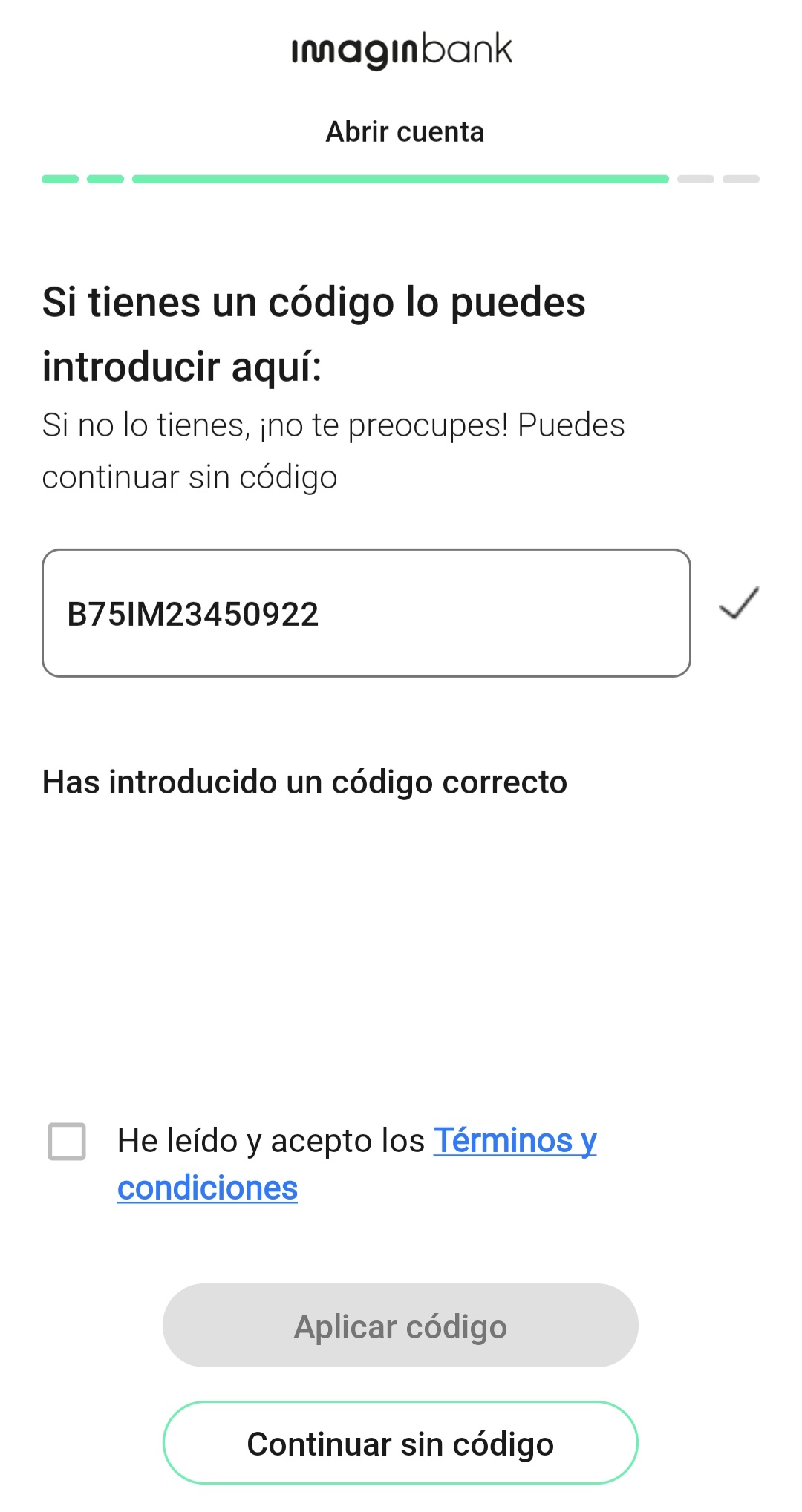 Captura de pantalla: dónde introducir el código promocional de imagin
